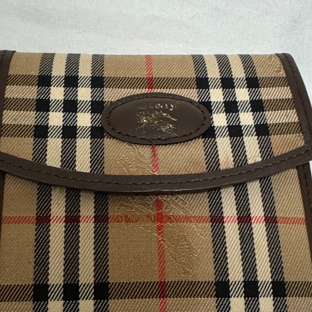 Burberry Tan Black Red Plaid Canvas Wallet with Brown Trim